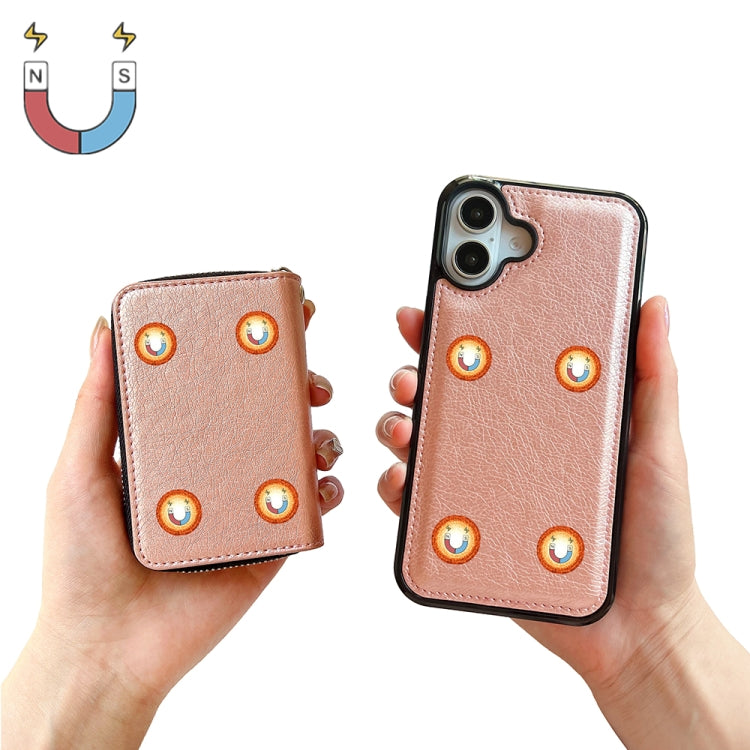 For iPhone 16 Solid Color Zipper 11-Card Slots Bag Phone Case with Lanyard(Rose Gold) - iPhone 16 Cases by PMC Jewellery | Online Shopping South Africa | PMC Jewellery | Buy Now Pay Later Mobicred