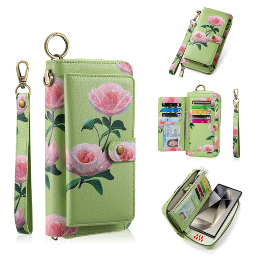 For Samsung Galaxy S24 5G POLA Flower Multi-functional Zipper Wallet Leather Phone Case(Green) - Galaxy S24 5G Cases by PMC Jewellery | Online Shopping South Africa | PMC Jewellery | Buy Now Pay Later Mobicred