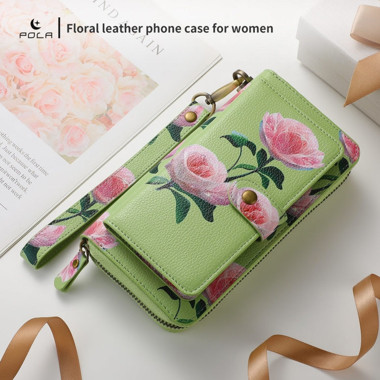 For Samsung Galaxy S24 5G POLA Flower Multi-functional Zipper Wallet Leather Phone Case(Green) - Galaxy S24 5G Cases by PMC Jewellery | Online Shopping South Africa | PMC Jewellery | Buy Now Pay Later Mobicred