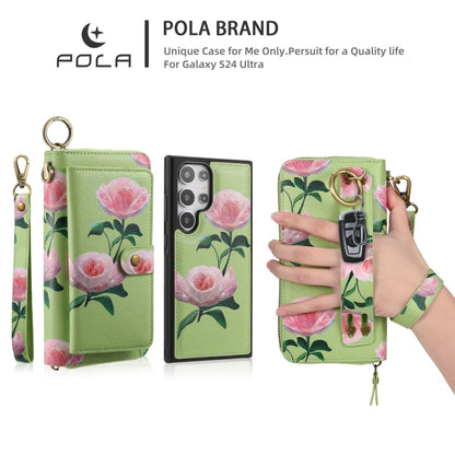 For Samsung Galaxy S24 5G POLA Flower Multi-functional Zipper Wallet Leather Phone Case(Green) - Galaxy S24 5G Cases by PMC Jewellery | Online Shopping South Africa | PMC Jewellery | Buy Now Pay Later Mobicred