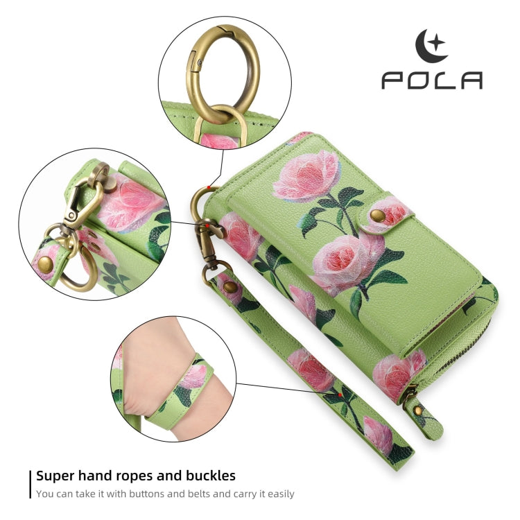 For Samsung Galaxy S24 5G POLA Flower Multi-functional Zipper Wallet Leather Phone Case(Green) - Galaxy S24 5G Cases by PMC Jewellery | Online Shopping South Africa | PMC Jewellery | Buy Now Pay Later Mobicred