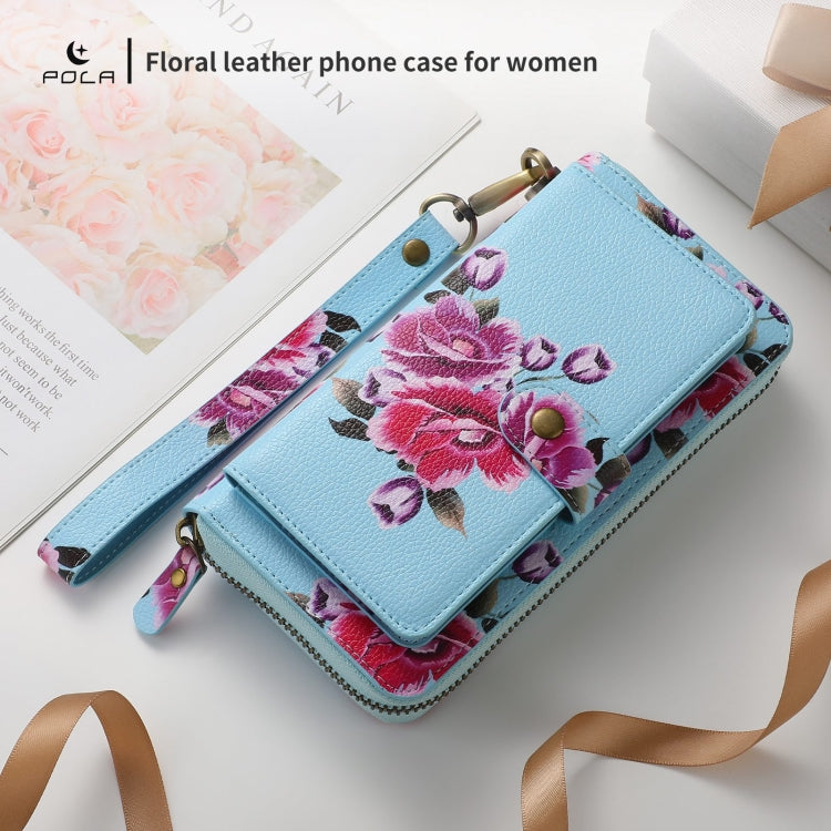 For Samsung Galaxy S24 5G POLA Flower Multi-functional Zipper Wallet Leather Phone Case(Sky Blue) - Galaxy S24 5G Cases by PMC Jewellery | Online Shopping South Africa | PMC Jewellery | Buy Now Pay Later Mobicred