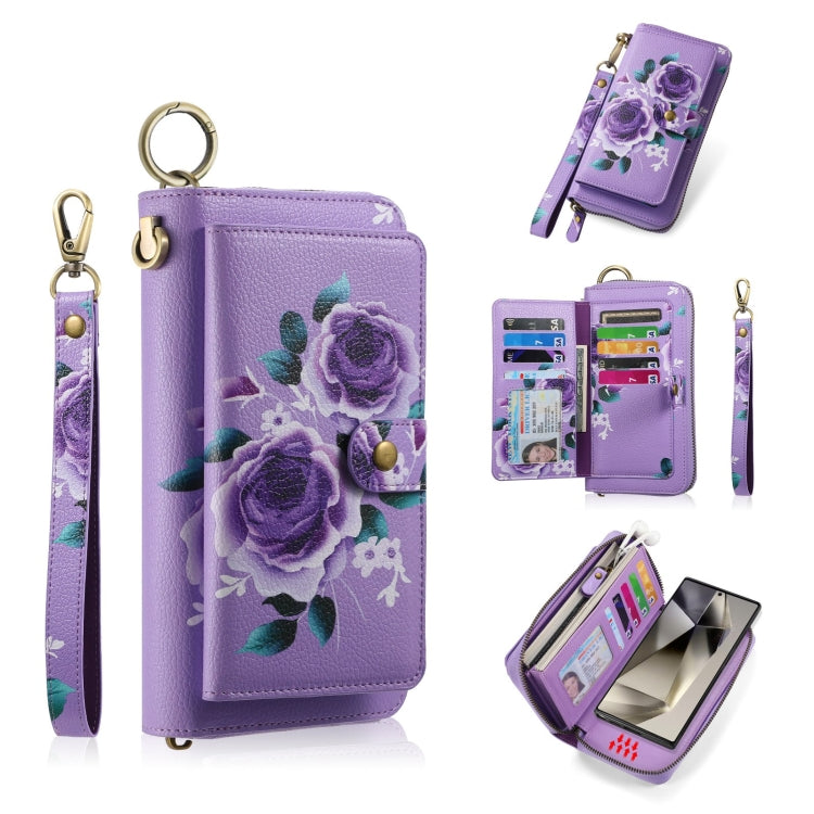 For Samsung Galaxy S24 5G POLA Flower Multi-functional Zipper Wallet Leather Phone Case(Purple) - Galaxy S24 5G Cases by PMC Jewellery | Online Shopping South Africa | PMC Jewellery | Buy Now Pay Later Mobicred