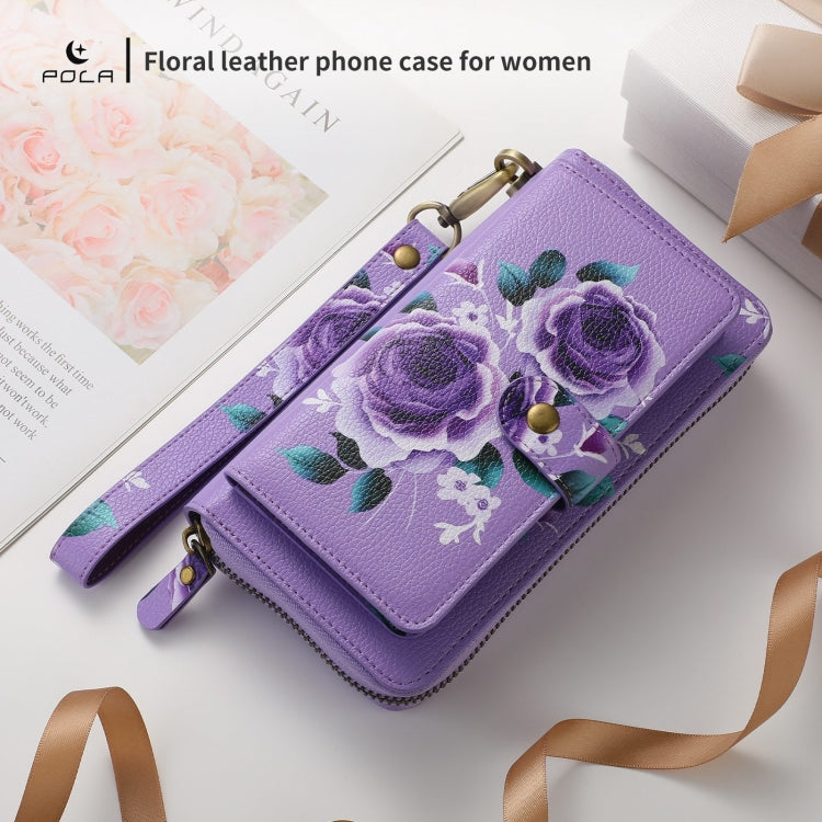 For Samsung Galaxy S24 5G POLA Flower Multi-functional Zipper Wallet Leather Phone Case(Purple) - Galaxy S24 5G Cases by PMC Jewellery | Online Shopping South Africa | PMC Jewellery | Buy Now Pay Later Mobicred