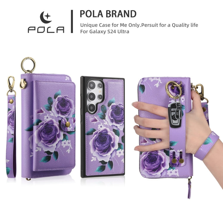 For Samsung Galaxy S24 5G POLA Flower Multi-functional Zipper Wallet Leather Phone Case(Purple) - Galaxy S24 5G Cases by PMC Jewellery | Online Shopping South Africa | PMC Jewellery | Buy Now Pay Later Mobicred