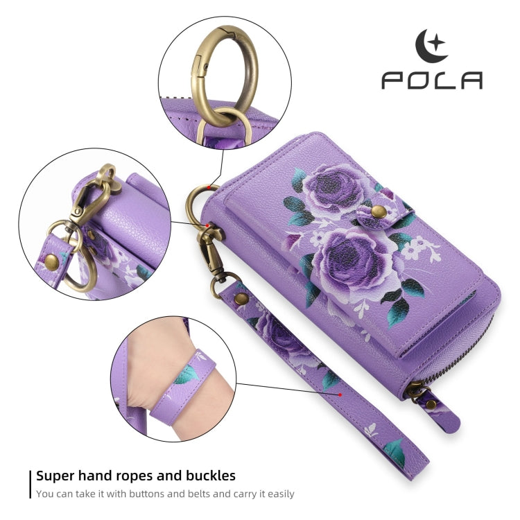 For Samsung Galaxy S24 5G POLA Flower Multi-functional Zipper Wallet Leather Phone Case(Purple) - Galaxy S24 5G Cases by PMC Jewellery | Online Shopping South Africa | PMC Jewellery | Buy Now Pay Later Mobicred