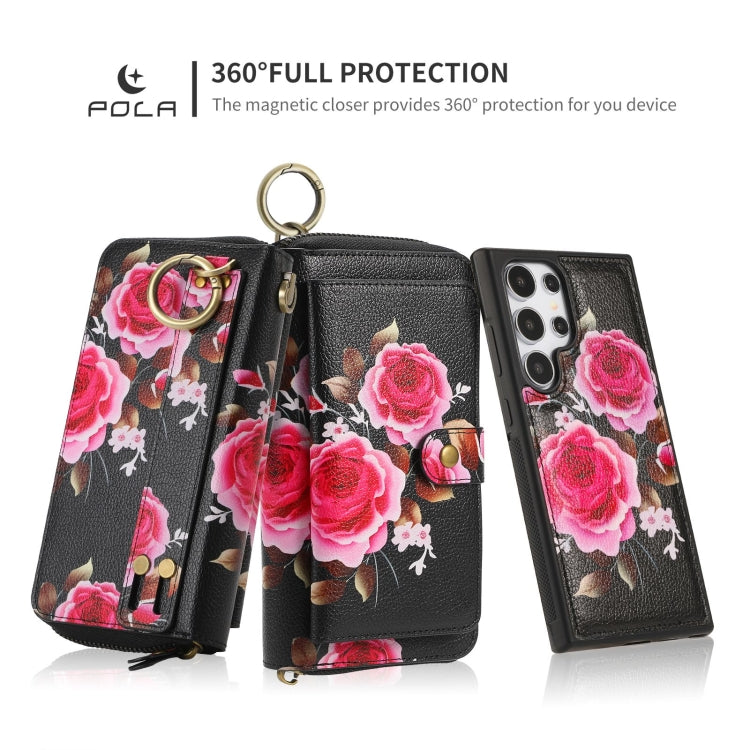 For Samsung Galaxy S24+ 5G POLA Flower Multi-functional Zipper Wallet Leather Phone Case(Black) - Galaxy S24+ 5G Cases by PMC Jewellery | Online Shopping South Africa | PMC Jewellery | Buy Now Pay Later Mobicred