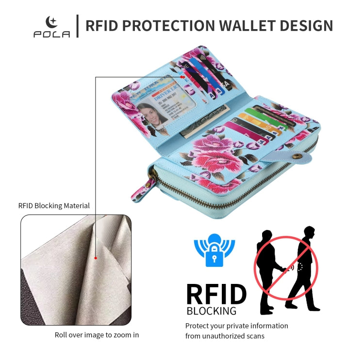 For Samsung Galaxy S24+ 5G POLA Flower Multi-functional Zipper Wallet Leather Phone Case(Sky Blue) - Galaxy S24+ 5G Cases by PMC Jewellery | Online Shopping South Africa | PMC Jewellery | Buy Now Pay Later Mobicred