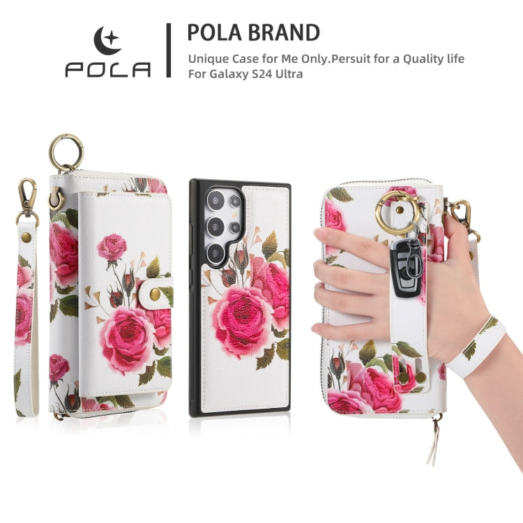 For Samsung Galaxy S24+ 5G POLA Flower Multi-functional Zipper Wallet Leather Phone Case(Beige) - Galaxy S24+ 5G Cases by PMC Jewellery | Online Shopping South Africa | PMC Jewellery | Buy Now Pay Later Mobicred