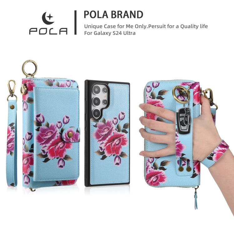 For Samsung Galaxy S24 Ultra 5G POLA Flower Multi-functional Zipper Wallet Leather Phone Case(Sky Blue) - Galaxy S24 Ultra 5G Cases by PMC Jewellery | Online Shopping South Africa | PMC Jewellery | Buy Now Pay Later Mobicred