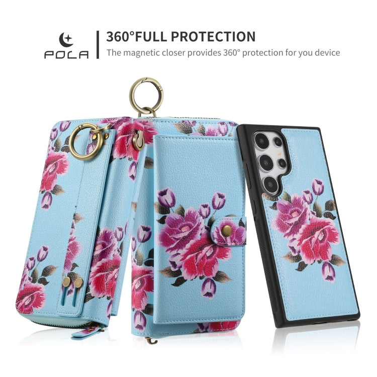 For Samsung Galaxy S24 Ultra 5G POLA Flower Multi-functional Zipper Wallet Leather Phone Case(Sky Blue) - Galaxy S24 Ultra 5G Cases by PMC Jewellery | Online Shopping South Africa | PMC Jewellery | Buy Now Pay Later Mobicred