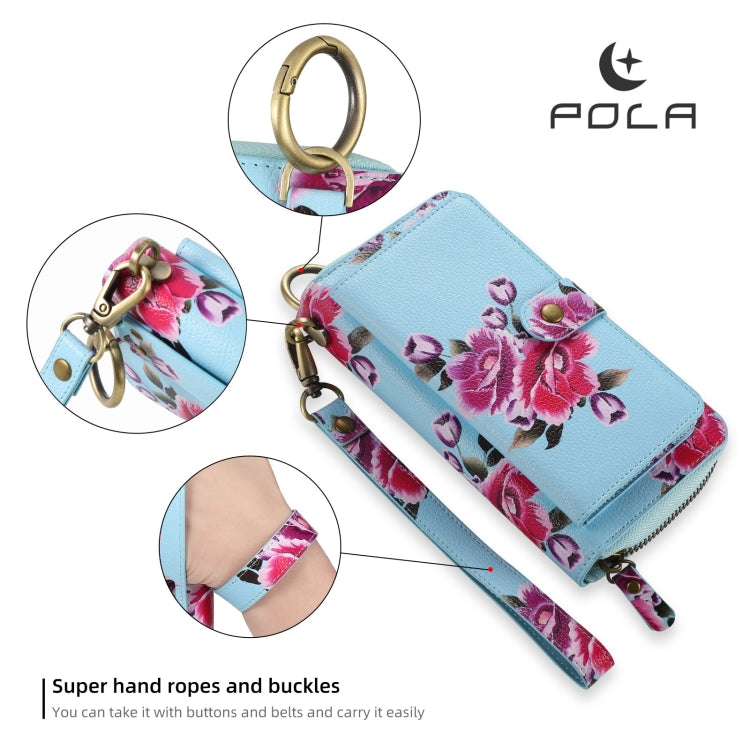 For Samsung Galaxy S24 Ultra 5G POLA Flower Multi-functional Zipper Wallet Leather Phone Case(Sky Blue) - Galaxy S24 Ultra 5G Cases by PMC Jewellery | Online Shopping South Africa | PMC Jewellery | Buy Now Pay Later Mobicred