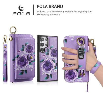 For Samsung Galaxy S24 Ultra 5G POLA Flower Multi-functional Zipper Wallet Leather Phone Case(Purple) - Galaxy S24 Ultra 5G Cases by PMC Jewellery | Online Shopping South Africa | PMC Jewellery | Buy Now Pay Later Mobicred