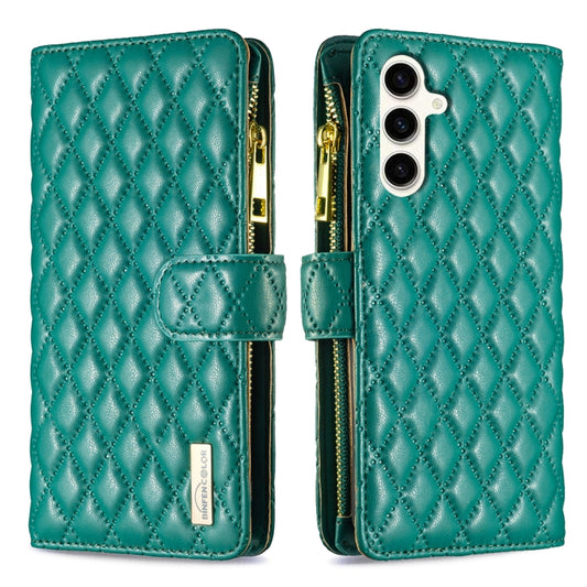 For Samsung Galaxy S24 FE 5G Diamond Lattice Zipper Wallet Leather Flip Phone Case(Green) - Galaxy S24 FE 5G Cases by PMC Jewellery | Online Shopping South Africa | PMC Jewellery | Buy Now Pay Later Mobicred