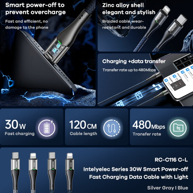 REMAX RC-C116 1.2m 30W Type-C to 8 Pin Smart Power-off Fast Charging Data Cable(Silver) - 2 in 1 Cable by REMAX | Online Shopping South Africa | PMC Jewellery | Buy Now Pay Later Mobicred