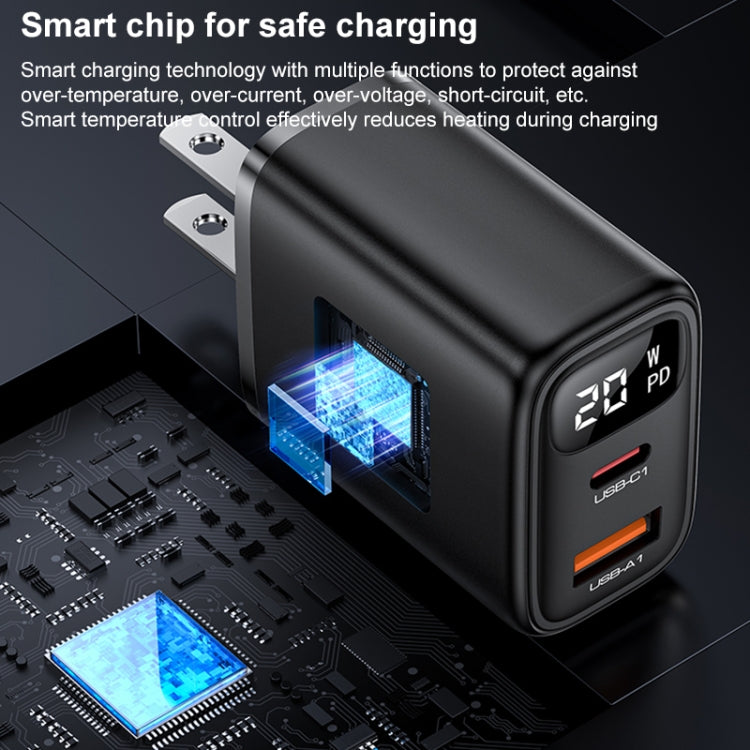 Yesido YC12U 20W USB-C / Type-C + USB Digital Display Charger, Specification:US Plug(Black) - free shipping - PMC TechLife - Order now!