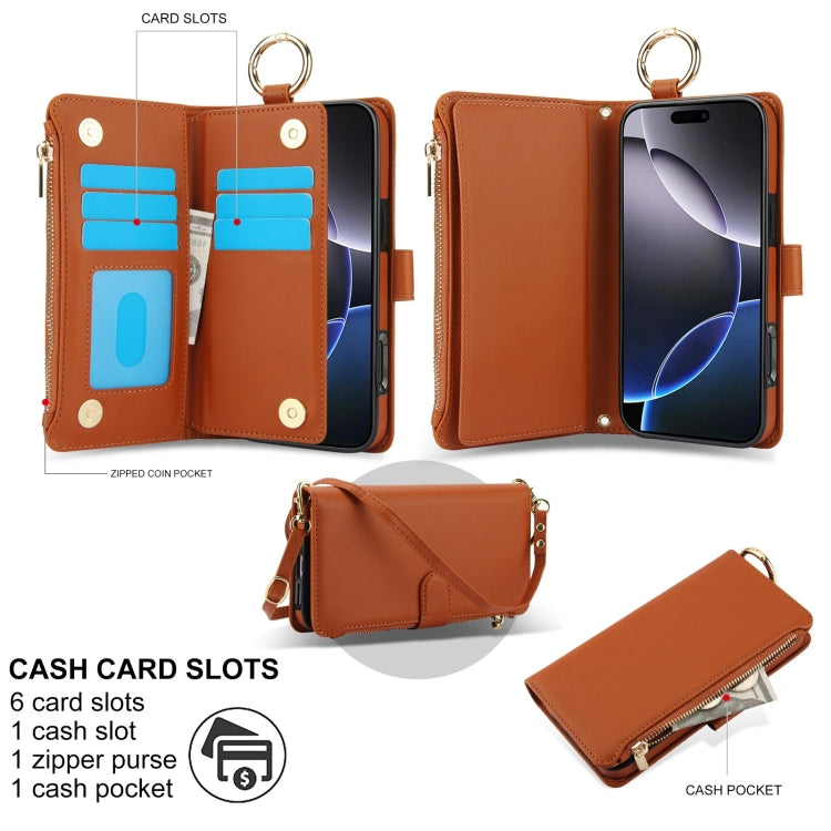 For iPhone 16 Pro Max Crossbody Ring Multifunctional Wallet Leather Phone Case(Brown) - iPhone 16 Pro Max Cases by PMC Jewellery | Online Shopping South Africa | PMC Jewellery | Buy Now Pay Later Mobicred