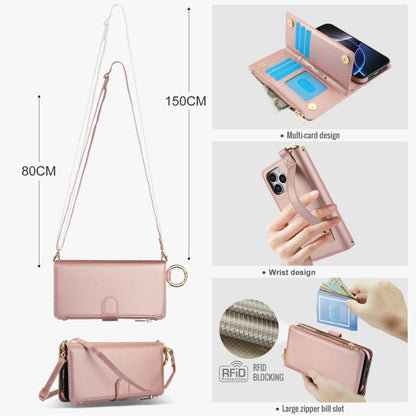 For iPhone 16 Pro Crossbody Ring Multifunctional Wallet Leather Phone Case(Rose Gold) - More iPhone Cases by PMC Jewellery | Online Shopping South Africa | PMC Jewellery | Buy Now Pay Later Mobicred