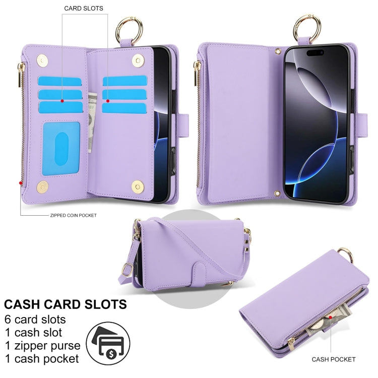 For iPhone 16 Pro Crossbody Ring Multifunctional Wallet Leather Phone Case(Purple) - More iPhone Cases by PMC Jewellery | Online Shopping South Africa | PMC Jewellery | Buy Now Pay Later Mobicred