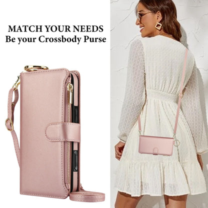 For iPhone 16 Plus Crossbody Ring Multifunctional Wallet Leather Phone Case(Rose Gold) - iPhone 16 Plus Cases by PMC Jewellery | Online Shopping South Africa | PMC Jewellery | Buy Now Pay Later Mobicred