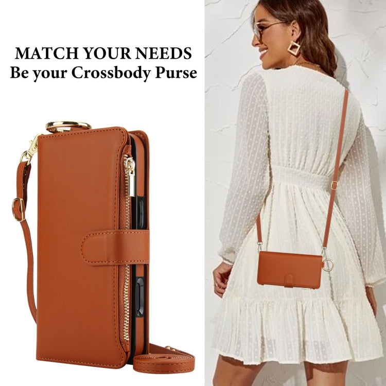 For iPhone 16 Plus Crossbody Ring Multifunctional Wallet Leather Phone Case(Brown) - iPhone 16 Plus Cases by PMC Jewellery | Online Shopping South Africa | PMC Jewellery | Buy Now Pay Later Mobicred