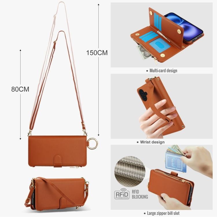 For iPhone 16 Crossbody Ring Multifunctional Wallet Leather Phone Case(Brown) - iPhone 16 Cases by PMC Jewellery | Online Shopping South Africa | PMC Jewellery | Buy Now Pay Later Mobicred