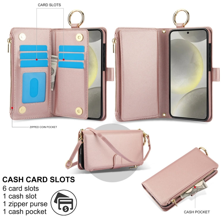 For Samsung Galaxy S24 5G Crossbody Ring Multifunctional Wallet Leather Phone Case(Rose Gold) - Galaxy S24 5G Cases by PMC Jewellery | Online Shopping South Africa | PMC Jewellery | Buy Now Pay Later Mobicred