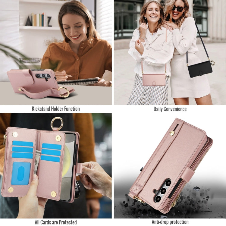 For Samsung Galaxy S24 5G Crossbody Ring Multifunctional Wallet Leather Phone Case(Rose Gold) - Galaxy S24 5G Cases by PMC Jewellery | Online Shopping South Africa | PMC Jewellery | Buy Now Pay Later Mobicred