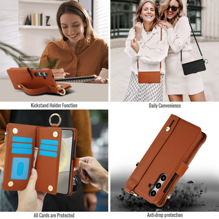 For Samsung Galaxy S24+ 5G Crossbody Ring Multifunctional Wallet Leather Phone Case(Brown) - Galaxy S24+ 5G Cases by PMC Jewellery | Online Shopping South Africa | PMC Jewellery | Buy Now Pay Later Mobicred