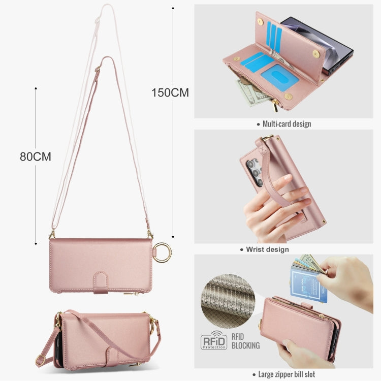 For Samsung Galaxy S24 Ultra 5G Crossbody Ring Multifunctional Wallet Leather Phone Case(Rose Gold) - Galaxy S24 Ultra 5G Cases by PMC Jewellery | Online Shopping South Africa | PMC Jewellery | Buy Now Pay Later Mobicred