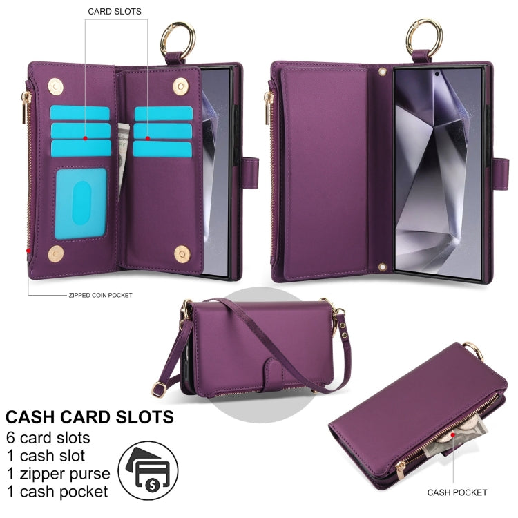 For Samsung Galaxy S24 Ultra 5G Crossbody Ring Multifunctional Wallet Leather Phone Case(Dark Purple) - Galaxy S24 Ultra 5G Cases by PMC Jewellery | Online Shopping South Africa | PMC Jewellery | Buy Now Pay Later Mobicred