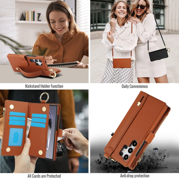 For Samsung Galaxy S24 Ultra 5G Crossbody Ring Multifunctional Wallet Leather Phone Case(Brown) - Galaxy S24 Ultra 5G Cases by PMC Jewellery | Online Shopping South Africa | PMC Jewellery | Buy Now Pay Later Mobicred