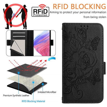 For iPhone 16 Pro Embossed Rose RFID Anti-theft Leather Phone Case(Black) - iPhone 16 Pro Cases by PMC Jewellery | Online Shopping South Africa | PMC Jewellery | Buy Now Pay Later Mobicred