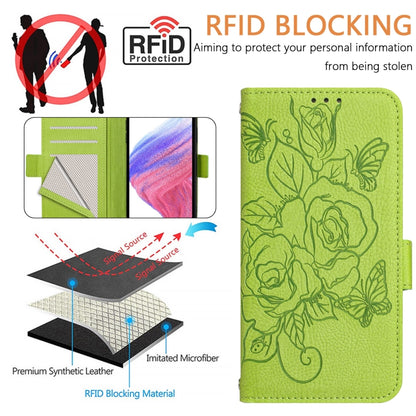 For iPhone SE 2024 Embossed Rose RFID Anti-theft Leather Phone Case(Green) - More iPhone Cases by PMC Jewellery | Online Shopping South Africa | PMC Jewellery | Buy Now Pay Later Mobicred