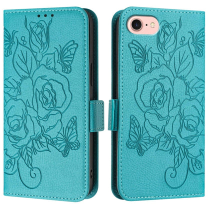 For iPhone SE 2024 Embossed Rose RFID Anti-theft Leather Phone Case(Light Blue) - More iPhone Cases by PMC Jewellery | Online Shopping South Africa | PMC Jewellery | Buy Now Pay Later Mobicred