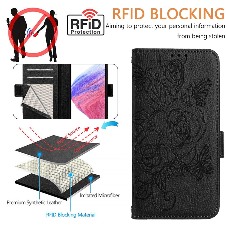 For iPhone SE 2024 Embossed Rose RFID Anti-theft Leather Phone Case(Black) - More iPhone Cases by PMC Jewellery | Online Shopping South Africa | PMC Jewellery | Buy Now Pay Later Mobicred