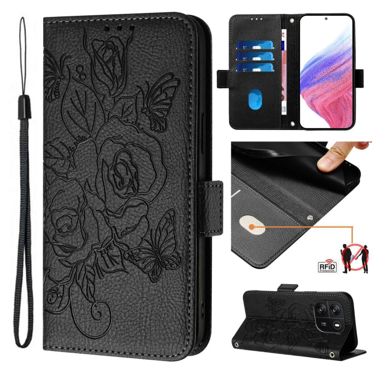 For Blackview WAVE 6C Embossed Rose RFID Anti-theft Leather Phone Case(Black) - More Brand by PMC TechLife | Online Shopping South Africa | PMC TechLife | Buy Now Pay Later Mobicred