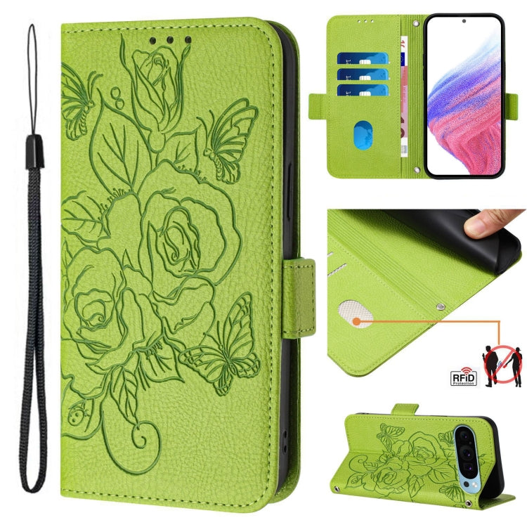 For Google Pixel 9 Pro XL Embossed Rose RFID Anti-theft Leather Phone Case(Green) - Google Cases by PMC Jewellery | Online Shopping South Africa | PMC Jewellery | Buy Now Pay Later Mobicred