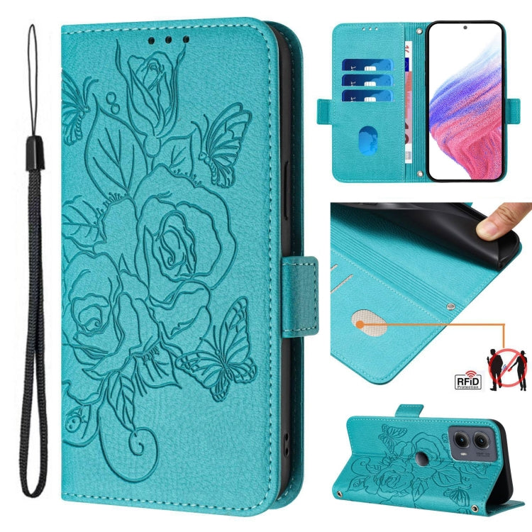 For Motorola Edge 5G 2024 Embossed Rose RFID Anti-theft Leather Phone Case(Light Blue) - Motorola Cases by PMC Jewellery | Online Shopping South Africa | PMC Jewellery | Buy Now Pay Later Mobicred