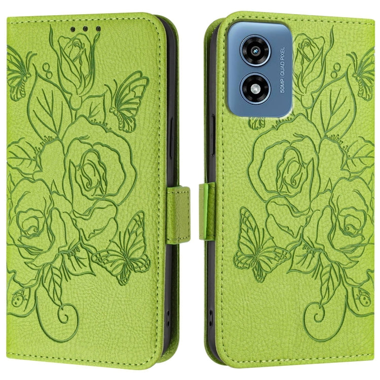 For Motorola Moto G Play 4G 2024 Embossed Rose RFID Anti-theft Leather Phone Case(Green) - Motorola Cases by PMC Jewellery | Online Shopping South Africa | PMC Jewellery | Buy Now Pay Later Mobicred