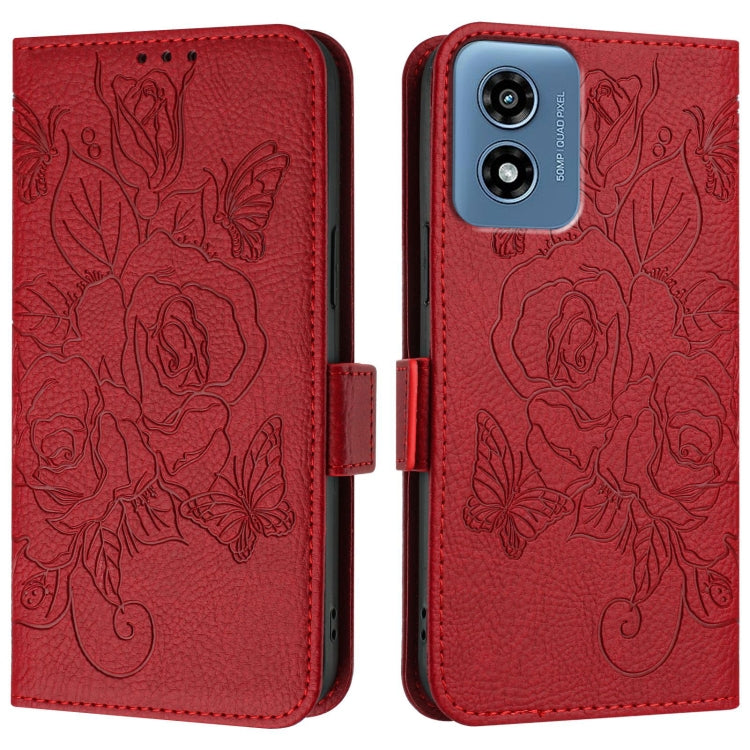 For Motorola Moto G Play 4G 2024 Embossed Rose RFID Anti-theft Leather Phone Case(Red) - Motorola Cases by PMC Jewellery | Online Shopping South Africa | PMC Jewellery | Buy Now Pay Later Mobicred