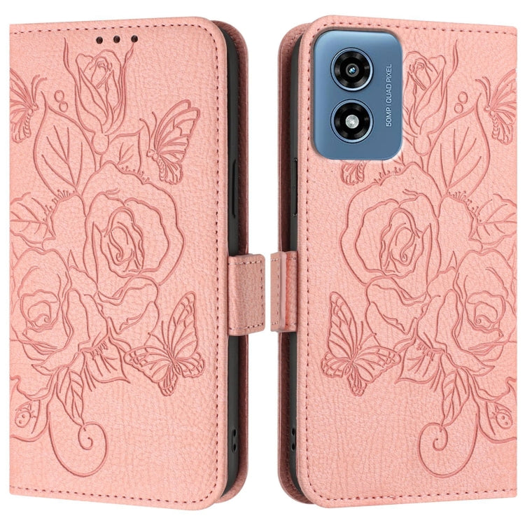 For Motorola Moto G Play 4G 2024 Embossed Rose RFID Anti-theft Leather Phone Case(Pink) - Motorola Cases by PMC Jewellery | Online Shopping South Africa | PMC Jewellery | Buy Now Pay Later Mobicred