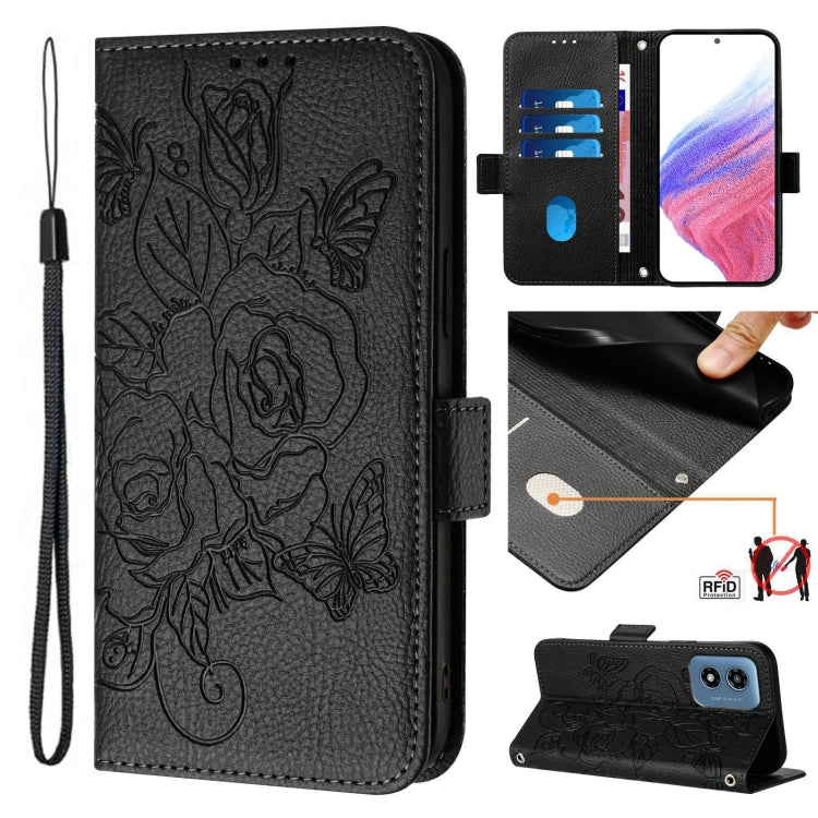 For Motorola Moto G Play 4G 2024 Embossed Rose RFID Anti-theft Leather Phone Case(Black) - Motorola Cases by PMC Jewellery | Online Shopping South Africa | PMC Jewellery | Buy Now Pay Later Mobicred