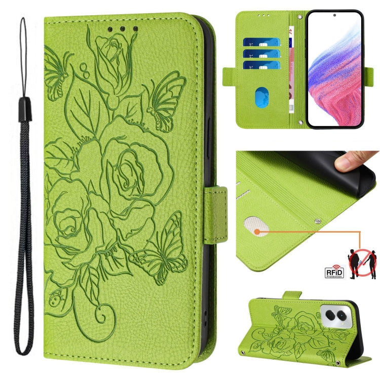 For Motorola Moto G Power 5G 2024 Embossed Rose RFID Anti-theft Leather Phone Case(Green) - Motorola Cases by PMC Jewellery | Online Shopping South Africa | PMC Jewellery | Buy Now Pay Later Mobicred