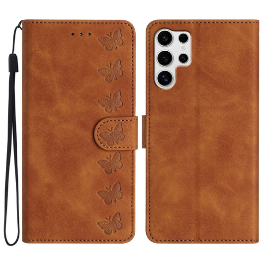 For Samsung Galaxy S25 Ultra 5G Seven Butterflies Embossed Leather Phone Case(Brown) - Galaxy S25 Ultra 5G Cases by PMC Jewellery | Online Shopping South Africa | PMC Jewellery | Buy Now Pay Later Mobicred