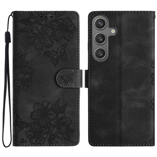 For Samsung Galaxy S25+ 5G Cherry Blossom Butterfly Skin Feel Embossed PU Phone Case(Black) - Galaxy S25+ 5G Cases by PMC Jewellery | Online Shopping South Africa | PMC Jewellery | Buy Now Pay Later Mobicred