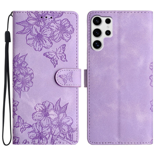 For Samsung Galaxy S25 Ultra 5G Cherry Blossom Butterfly Skin Feel Embossed PU Phone Case(Purple) - Galaxy S25 Ultra 5G Cases by PMC Jewellery | Online Shopping South Africa | PMC Jewellery | Buy Now Pay Later Mobicred