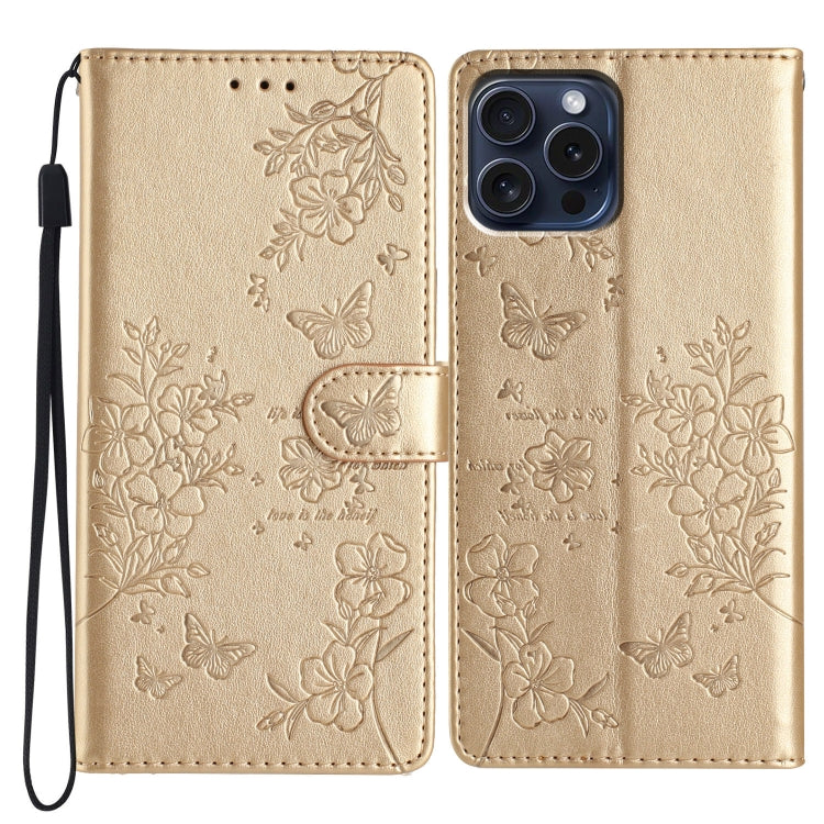 For iPhone 16 Pro Max Butterflies and Flowers Leather Phone Case(Gold) - iPhone 16 Pro Max Cases by PMC Jewellery | Online Shopping South Africa | PMC Jewellery | Buy Now Pay Later Mobicred