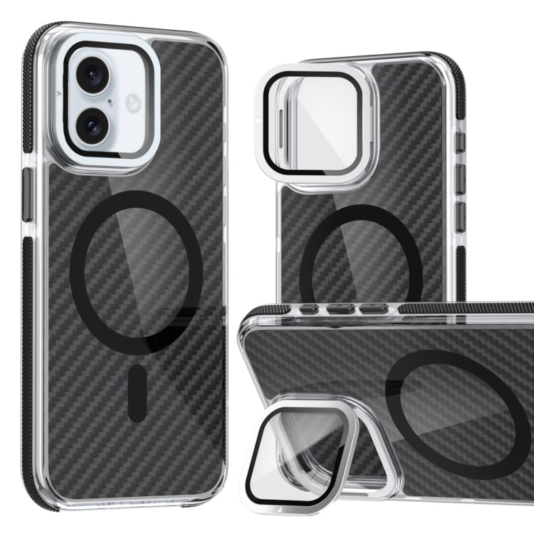 For iPhone 16 Magsafe Dual-Color Carbon Fiber Lens Film Phone Case with Lens Fold Holder(Black) - iPhone 16 Cases by PMC Jewellery | Online Shopping South Africa | PMC Jewellery | Buy Now Pay Later Mobicred