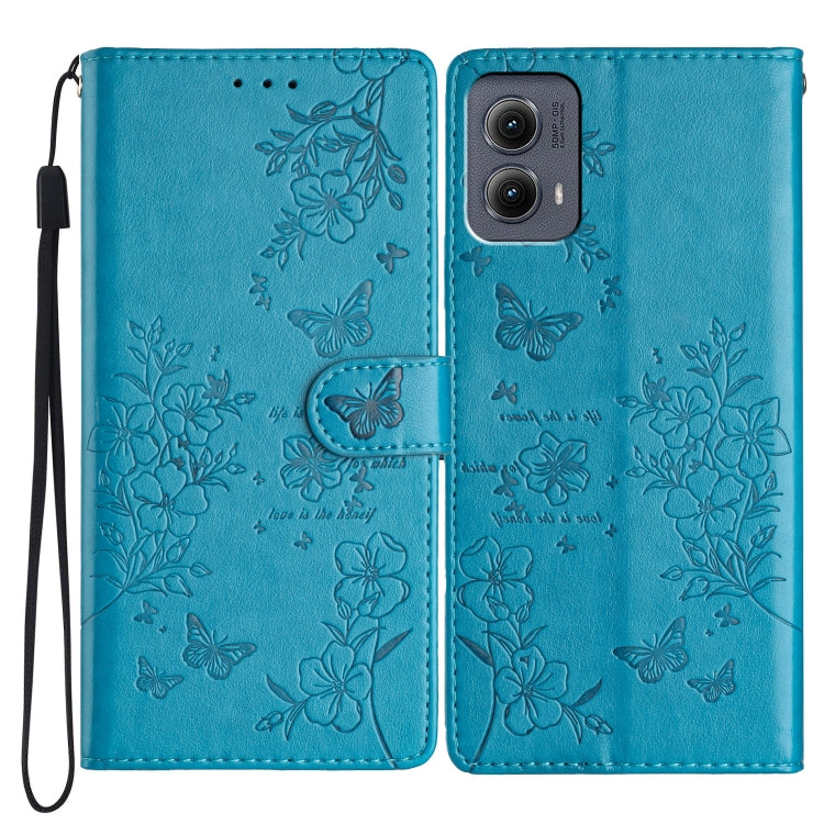 For Motorola Edge 2024 Butterflies and Flowers Leather Phone Case(Blue) - Motorola Cases by PMC Jewellery | Online Shopping South Africa | PMC Jewellery | Buy Now Pay Later Mobicred